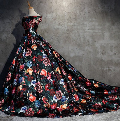 CG178 Off the shoulder Floral print Prom Ball Gown with train