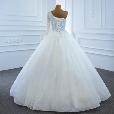 HW322 Real Pictures handmade white One-Shoulder Pearls beaded Wedding Gown