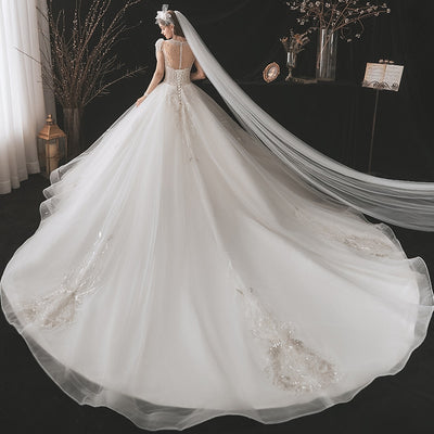 HW379 Handmade Sheer Long Sleeve Pearl beaded Wedding Gown