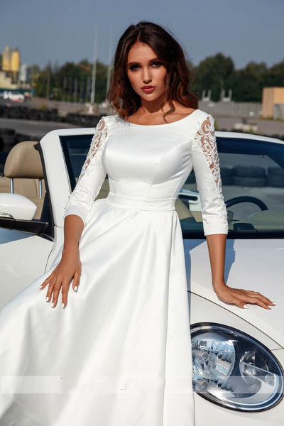 SS188 : 3/4 Long Sleeve Satin Ankle Length Bridal Gown