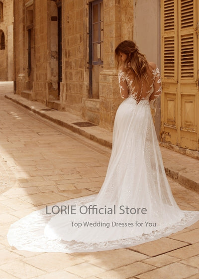 CW593 O-Neck Lace Long Sleeves Stretchy Chiffon Bridal dress