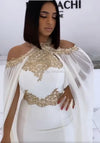 PP435 Halter gold Beaded Prom Gowns with cape ( custom colors )