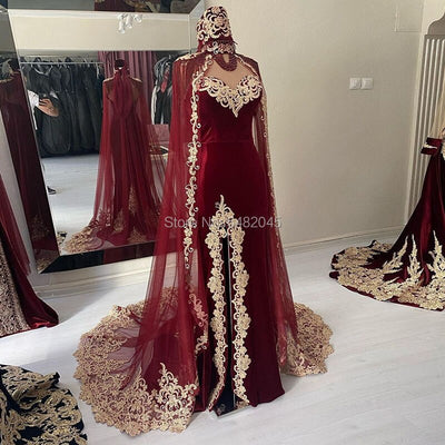 PP444 Moroccan Caftan velvet Gold embroidery Evening Dress