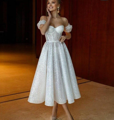 SS193 Shiny Glitter Tea Length Wedding Dresses