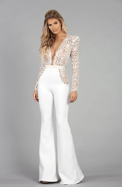 PD46 Deep V Neck Lace Wedding Jumpsuit