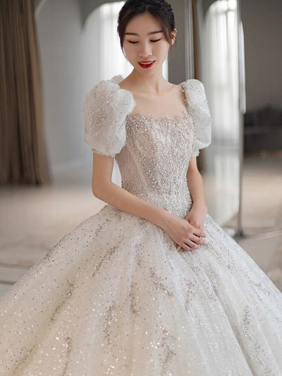 CW757 Shiny Short Sleeve Bridal dress