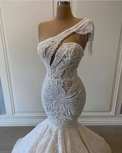 CW615 One Shoulder tassel beaded Mermaid Bridal Dresses