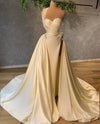 HW418 One Shoulder Pearls satin Bridal Gown with Overskirt