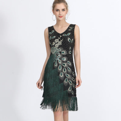 MX306 Plus Size Peacock Embroidery Great Gatsby Dresses ( 4 Colors )