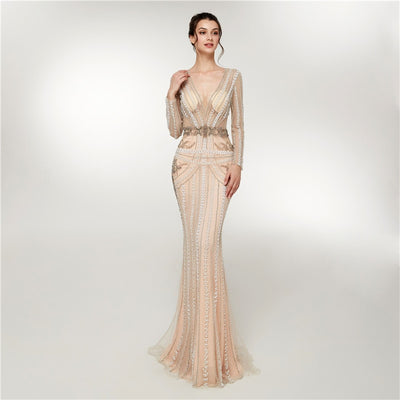 LG411 Real Photo V Neck Crystal Beaded Evening Gown