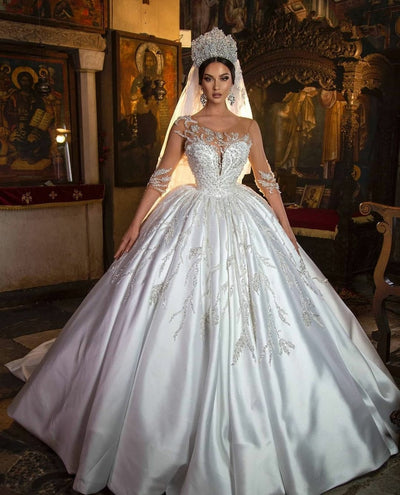 HW424 Half Sleeve sequin Satin Bridal Gowns