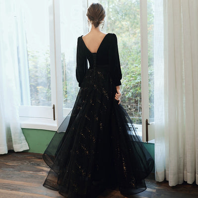 PP315 Black velvet with tulle sequined Evening Dress