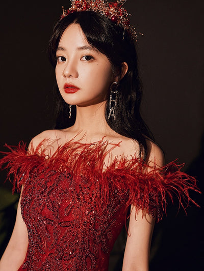 PP321 Burgundy off the shoulder feathers Evening Gowns