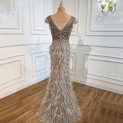 LG370 Real Photo Luxurious brown beaded feather Pageant Gown
