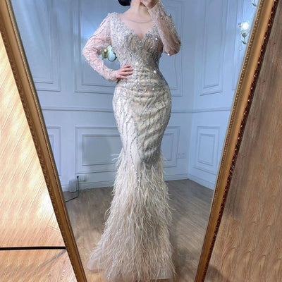 LG443 Luxurious nude bedded feather mermaid Evening Gowns