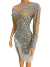 KP77 Latin dance costume Silver Rhinestone Fringes Transparent dress