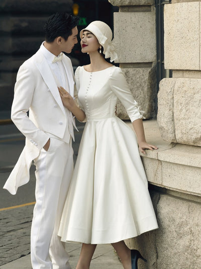 SS118 Vintage Boat neck Satin Knee Length Bridal Dress