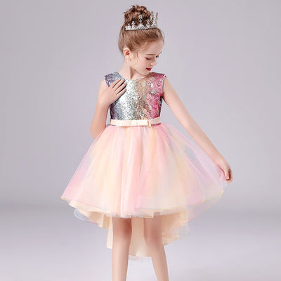 FG414 Sequin short front long back Party dress for girls