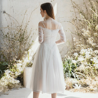 SS127 Vintage slash neck Mid-length Bridal Dress