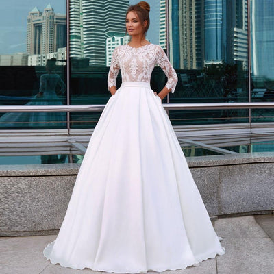CW466 : 3/4 sleeves A -Line Satin Bridal Gowns