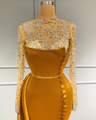 LG555 Gold Evening Dress with Side Split Rhinestones Beads ...
