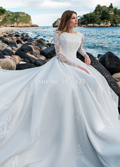CW467 Long Sleeves Lace Satin Wedding Dress with open back