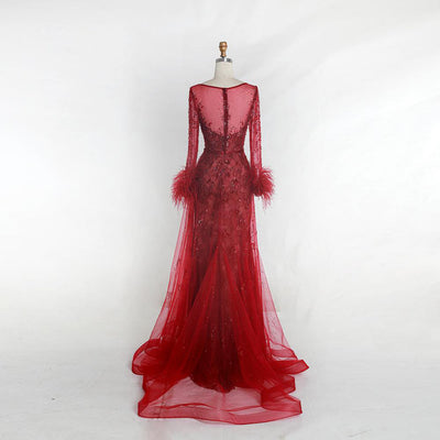 LG394 Real Pictures Evening Gown Long sleeves feather beaded ( 4 Colors )