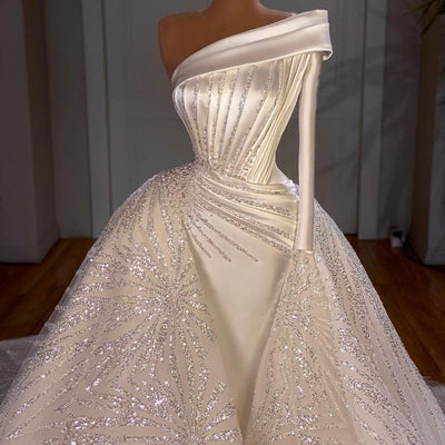 HW415 One shoulder satin sequined mermaid Wedding Gown with overskirt