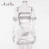 MX328 Strapless Feathers white Party Dress