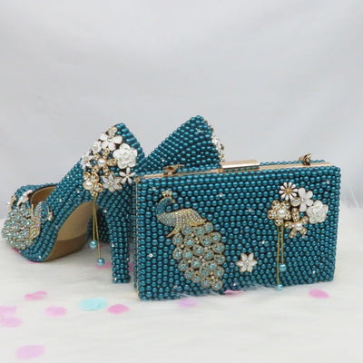 BS143 Teal Blue Pearl wedding shoes with matching bags