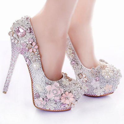 BS177 Luxury  Full diamond pearls Wedding Shoes (Pink/White)