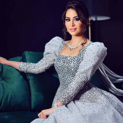 LG460 Classic Arabic Puff Long Sleeve Crystals Evening Dresses