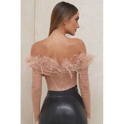JR84 Pink Feather off the shoulder Bodysuit