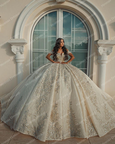 HW429 Off the shoulder Sequined satin Bridal Gown