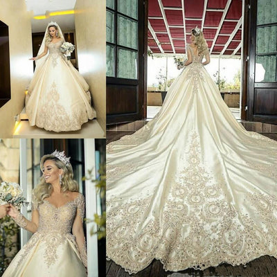 CW620 Gorgeous Long Train satin Wedding Gowns