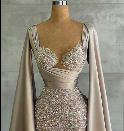 LG494 Cape sleeve Sequined Red Carpet Gowns