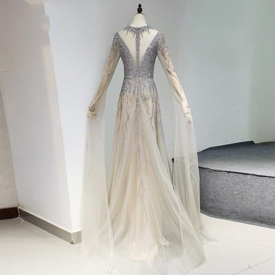 LG395 Real Pictures Luxury Gray beaded Gown with cape sleeves
