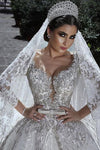 HW258 Glamorous Deep V-neck Illusion Long Sleeves Bridal Gown