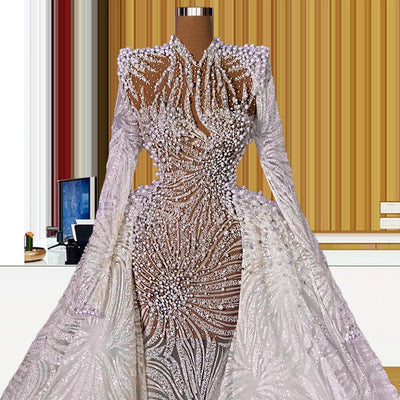 HW412-1 High neck Glitter mermaid wedding gown with overskirt