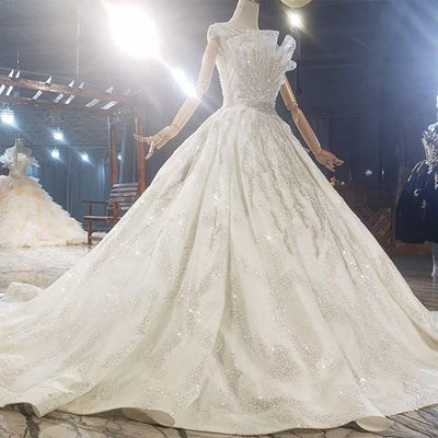 HW284 Real Photo O-Neck Crystal Sequined Beading Wedding Dress