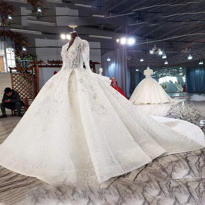 HW299 Luxurious Long Sleeve V-Neck Crystal Beading Sequined Wedding Dress