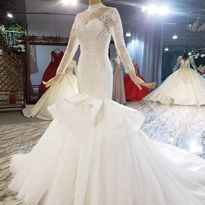 HW371 Real pictures high neck Sequined Mermaid Wedding Gown