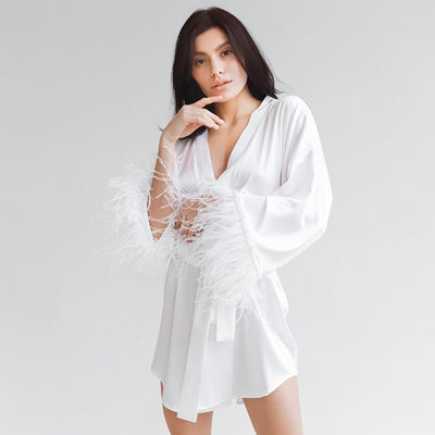 BR19 feather Bridal Robes (White/black)
