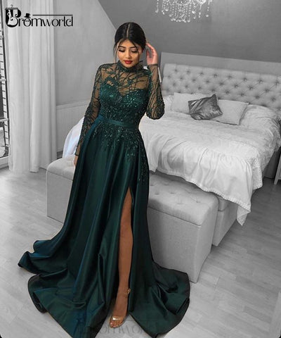 PP462 Illusion Long Sleeve Lace Beaded Evening Dresses