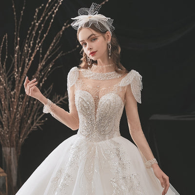 HW379 Handmade Sheer Long Sleeve Pearl beaded Wedding Gown