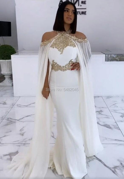 PP435 Halter gold Beaded Prom Gowns with cape ( custom colors )