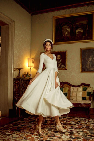SS146 Simple soft satin Tea-length Bridal Dress
