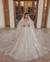 HW423 Luxury Champagne Long Sleeve Sequins Wedding Gown+Veil