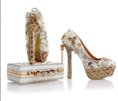 BS37 Luxurious Beige Pearl Wedding shoes with matching bag