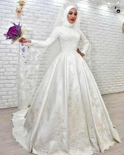 CW465 Muslim satin Long flare sleeves Bridal Dress